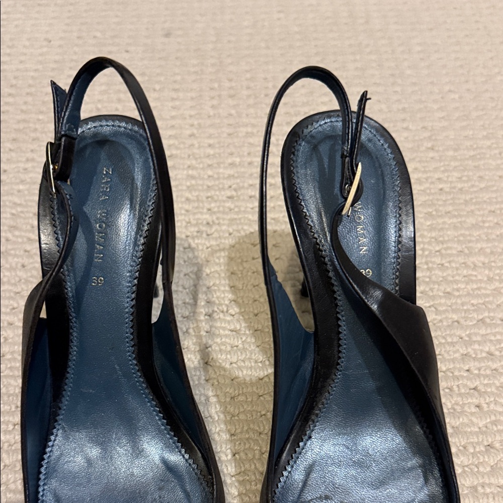 Zara Genuine Leather Black Slingback Heels sz 8 - Picture 3 of 7